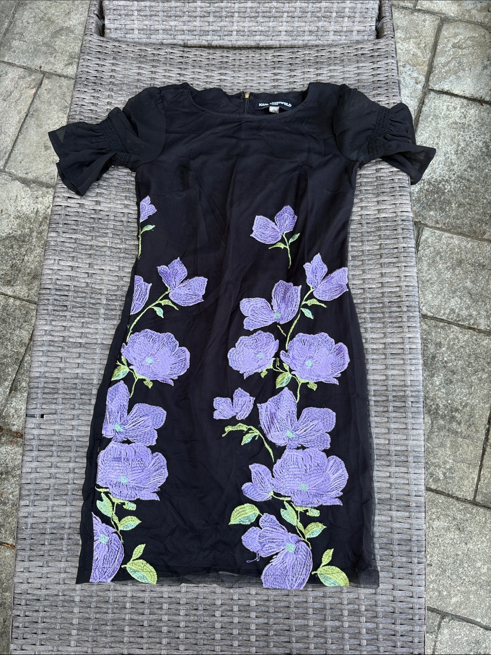 Karl Lagerfeld Black Mini Dress with Lavender Floral Embroidery
